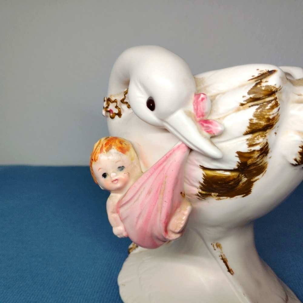 Lefton Porcelain Vase Baby Girl Planter Container Bird 1963 Vintage #1789 Pink - Picture 3 of 15